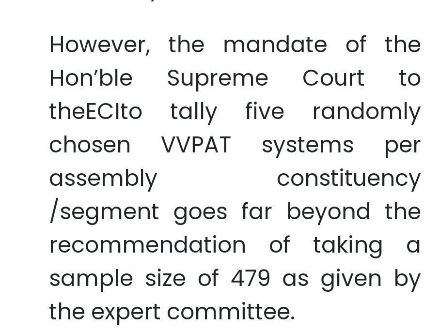 STATISTICAL SAMPLING GERMANE ISSUE. Good to see #SupremeCourtOfIndia going into technical nuances of microcontrollers. But instead of full counting of #VVPATs,do just 2 rounds(~30 to 40 VVPATs or ~15%  against 5 or 2% now)per AC. 4 hrs extra in 11 weeks of electioneering will 1/2