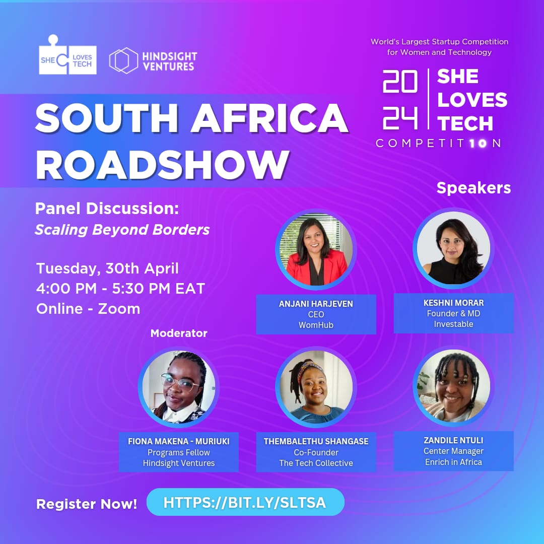 🚀 Exciting News! 🚀 Join us for the upcoming virtual @SheLovesTechOrg South Africa Roadshow on April 30th, 4:00 PM - 5:30 PM EAT, discussing scaling your startup or venture beyond borders. Click here to register:  forms.gle/LJNB1UsTzXMXwf… #SheLovesTech2024
