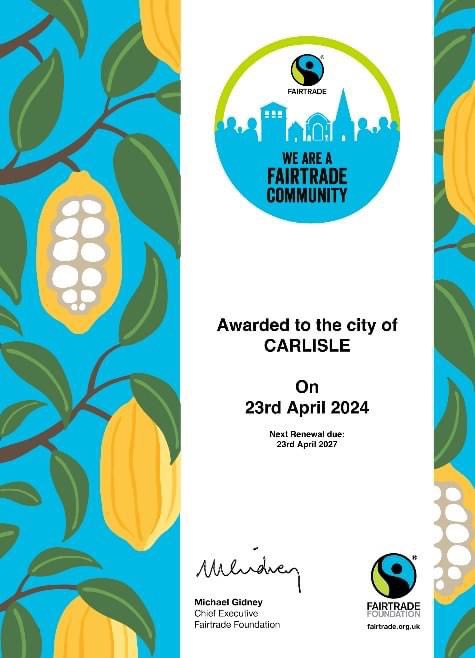 We’re delighted to announce that Carlisle has been awarded Fairtrade Community status, our 5th renewal since 2005 and great recognition of work around the city to promote fairly traded goods as well as the Fairtrade movement and its campaigns on climate change and workers rights