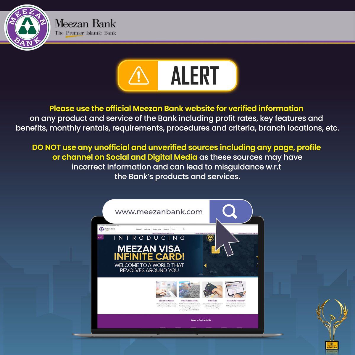 Important Alert!

#MeezanBank #IslamicBanking #IslamicFinance #Alert