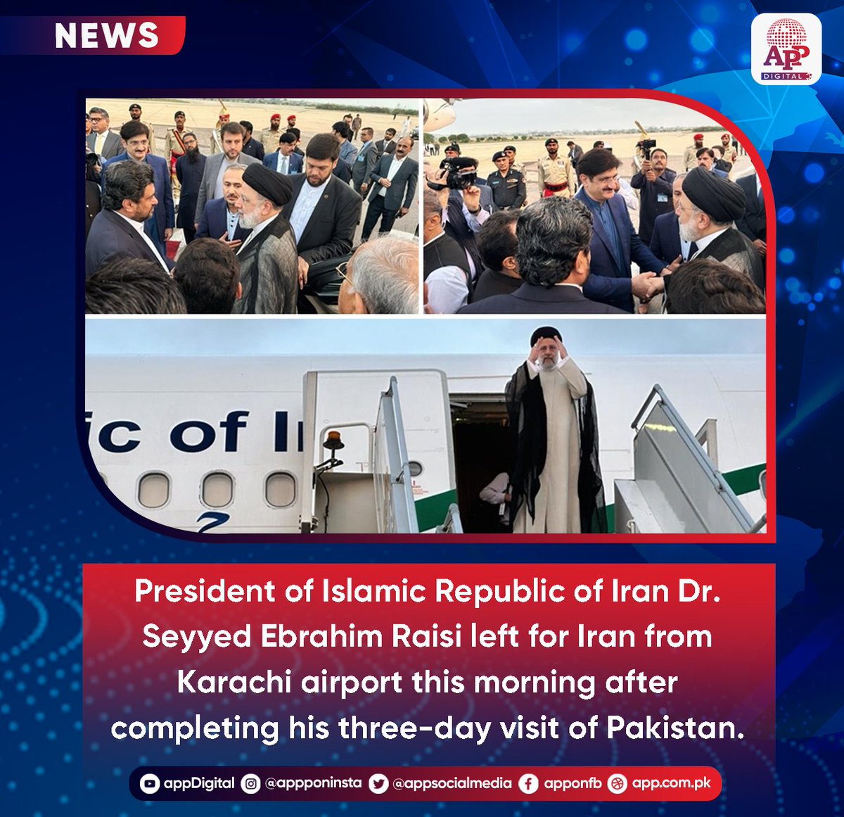 President of Iran Dr. Seyyed Ebrahim Raisi left for Iran from Karachi airport this morning after completing his three-day visit of Pakistan. #Pakistan #Iran #Karachi @ForignOffice @PakinIran @IRIMFA_EN
