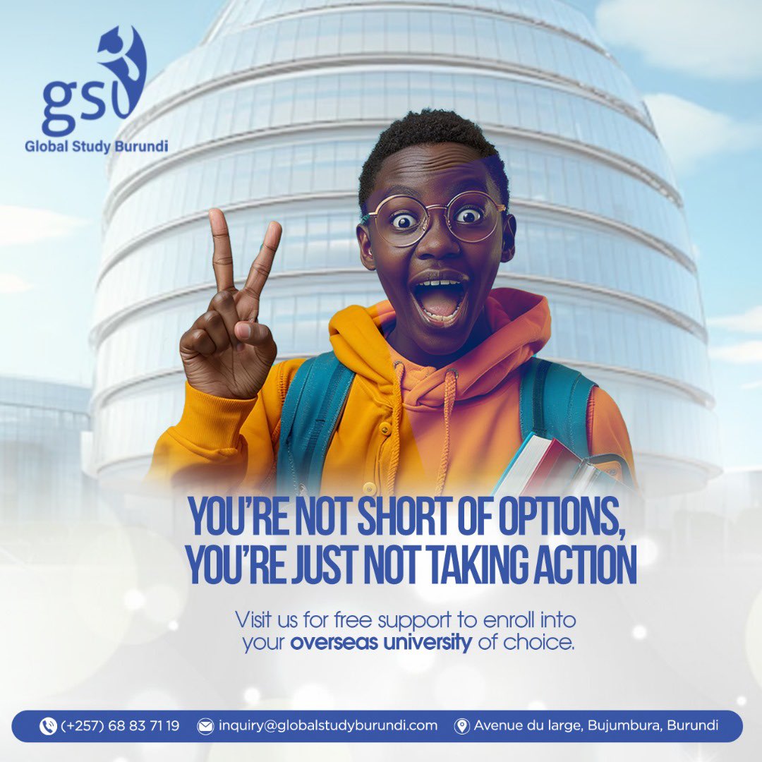 GlobalStudyBI's tweet photo. Tired of just dreaming about your overseas study University?
 
Let’s usher you into a world of possibilities by identifying &amp; enrolling you to an overseas university today!  
 
Contact us on (+257) 68 83 71 19 for more information.   
 
#GSU #StudyAbroadSupport https://t.co/rwrLfPciuC