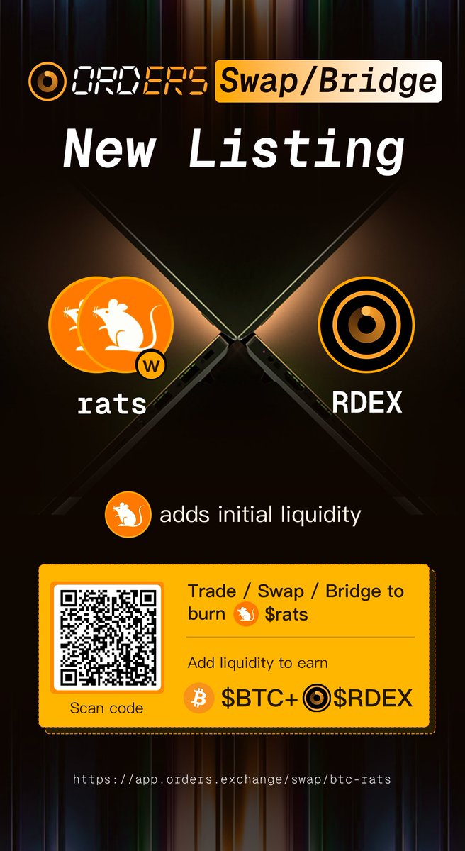 Welcome @Bitrats_org to our partnership! Together, we'll make $rats infect every wallet. Add liquidity and trade on Orders.Exchange to earn plentiful $BTC and $RDEX, and help push $rats into infinite deflation. Let's enter the era of total deflation with #BRC20!…