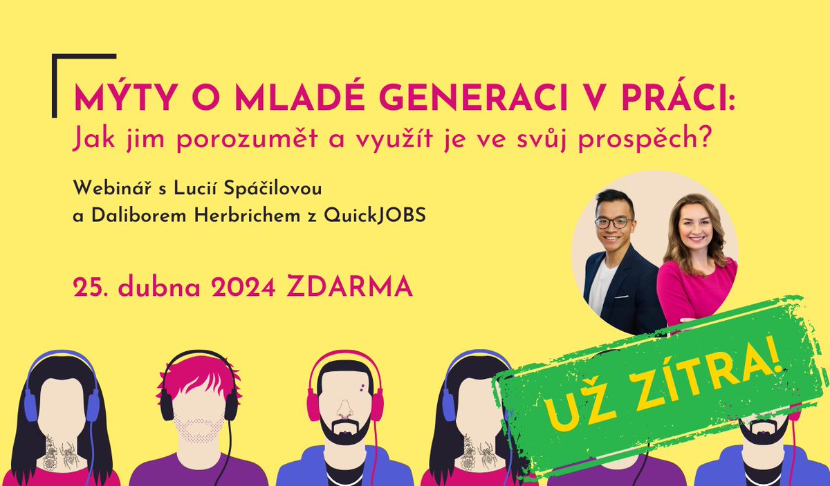 PerformiaCZ's tweet photo. Mladí nechtějí pracovat. A nebo ano? 👀
Už zítra ve 14 hodin proběhne webinář, kde se podíváme na mýty o mladé generaci!
Co je pravda a co ne? A jak to využít v prospěch firmy i mladého člověka? 😊 Chyťte si své místo ještě dnes!
👉https://t.co/Gwy5JQHAnU

#generaceZ #HR #webinar https://t.co/WR9kLQ3kR5