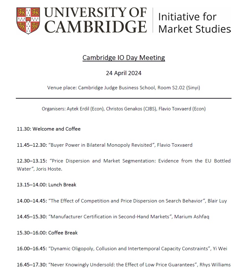 Today we host the first Cambridge IO Day. Looking forward to great presentations and interactions on all things IO! #EconTwitter @CamEcon @BennettInst @CSciPol @CGenakos