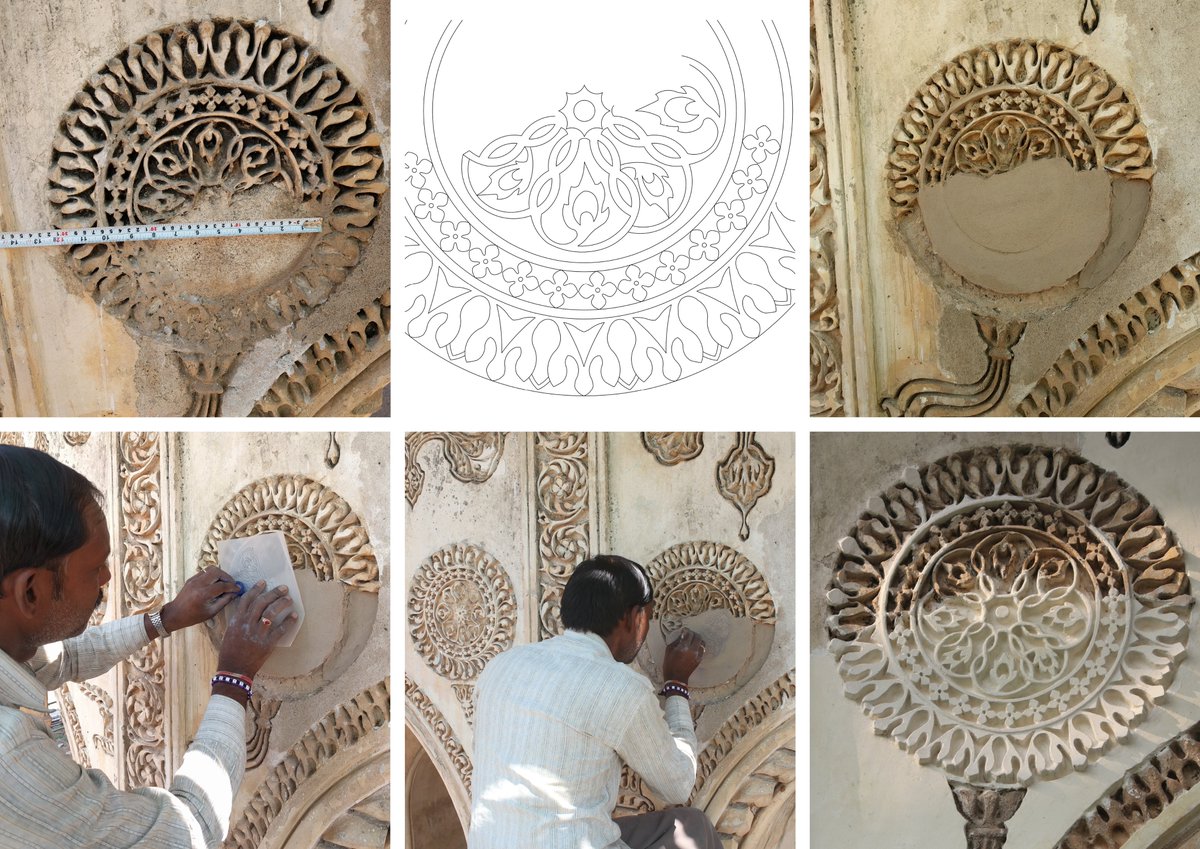 Bringing history back to life! This collage showcases the meticulous process of reviving the decorative motifs. From careful documentation to the craftsman's skilled hands, each step breathes new life into the architectural details.