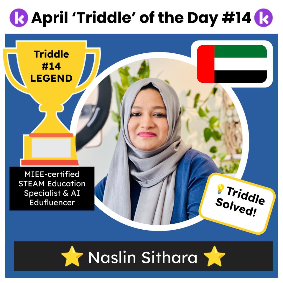NicoleRennieZA's tweet photo. Huge shoutout to⭐Naslin Sithara⭐️the first #UAE #edulegend to solve a @kamiapp #Triddle (Teacher Riddle) 💜
See the comment below! More every day in #April 🙌Don't miss her exciting webinar on 4th May! https://t.co/82Z28puXIV