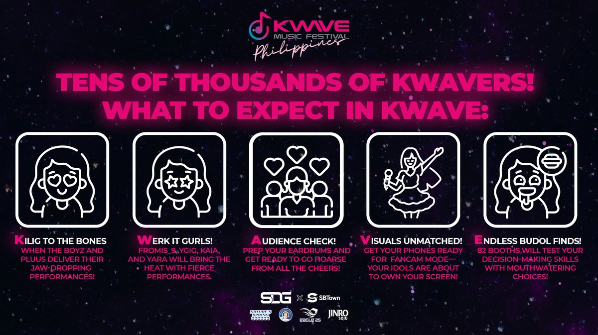 With the love from tens of thousands of KWAVERS, KWAVE Music Festival will bring you tens of thousands of excitement this May 11! 🙌

K-W-A-V-E! #DefineKWAVE below, KWAVERS! 🤩👇

#THEBOYZ #fromis_9 #PLUUS #YGIG #YARA #KAIA #KWAVEPH #AbsolutelyLibre #KWAVEMusicFestival #KWAVE