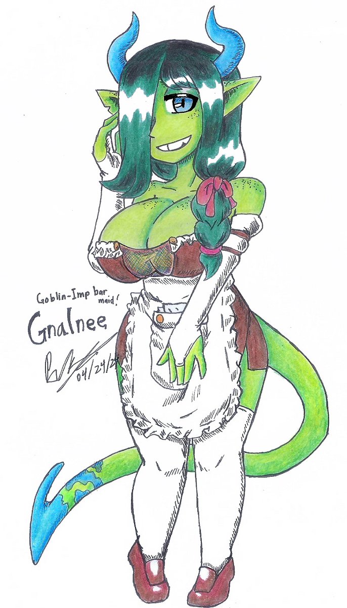 Gnalnee, Goblin-Imp Barmaid! 
#athingnamedpaul #monstergirls #goblin #imp #OCs