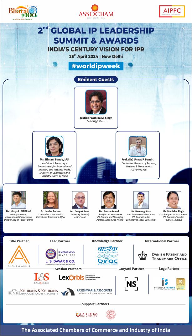 ASSOCHAM4India's tweet photo. Only a few hours left until the 2nd #GlobalIPLeadership Summit & Awards begins! This year, the spotlight is on ‘India’s Century Vision for IPR’, as we approach nearer to #WorldIPWeek. Join the event where thought leaders will converge to share invaluable insights, best practices, and strategic approaches to innovate, create, and sustain. 
 
🗓️April 25, 2024 
📍New Delhi 

Last day to secure your spot: https://t.co/IIF6PeAA5v

@DPIITGoI,@cgpdtm_india,@CIPAM_India,@WIPO,@unnatpandit,@dkpto