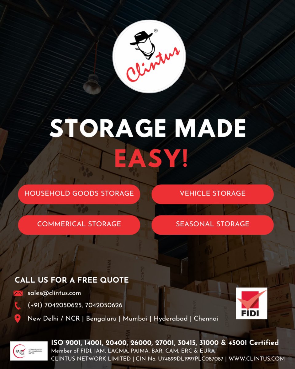 Looking for affordable & secure storage space for rent? Look no further! From doorstep pick-up of your household goods to packaging and moving them to our storage facility, we handle it all with utmost care. Clintus is just a call away! #Relocations #Movers #Global #Storage
