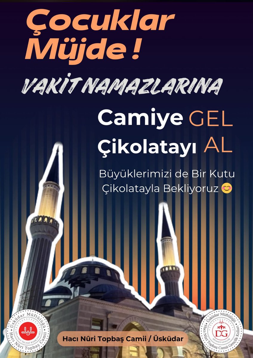 Camiye gel çikolatayı al 🙂 Büyüklere de verilecekmiş. 📍Üsküdar Hacı Nuri Topbaş Camii