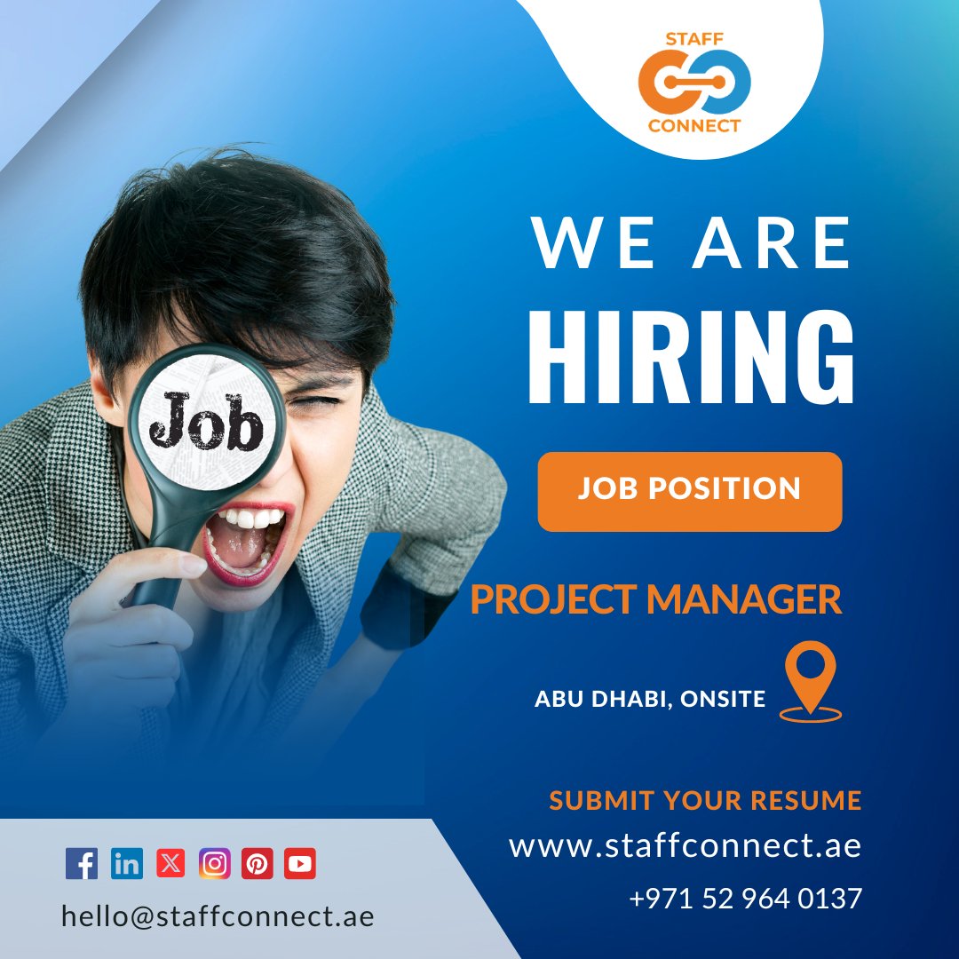 𝐖𝐞 𝐀𝐫𝐞 𝐇𝐢𝐫𝐢𝐧𝐠 𝐎𝐩𝐞𝐧 𝐏𝐨𝐬𝐢𝐭𝐢𝐨𝐧:

➡️𝐏𝐑𝐎𝐉𝐄𝐂𝐓 𝐌𝐀𝐍𝐀𝐆𝐄𝐑

🌐 staffconnect.ae

#staffconnectuae #projectmanager #jobseekers #jobs #jobsearch #jobsinuae #hiring #recruitment #projectexpertise #projectplanning #abudhabi #uae