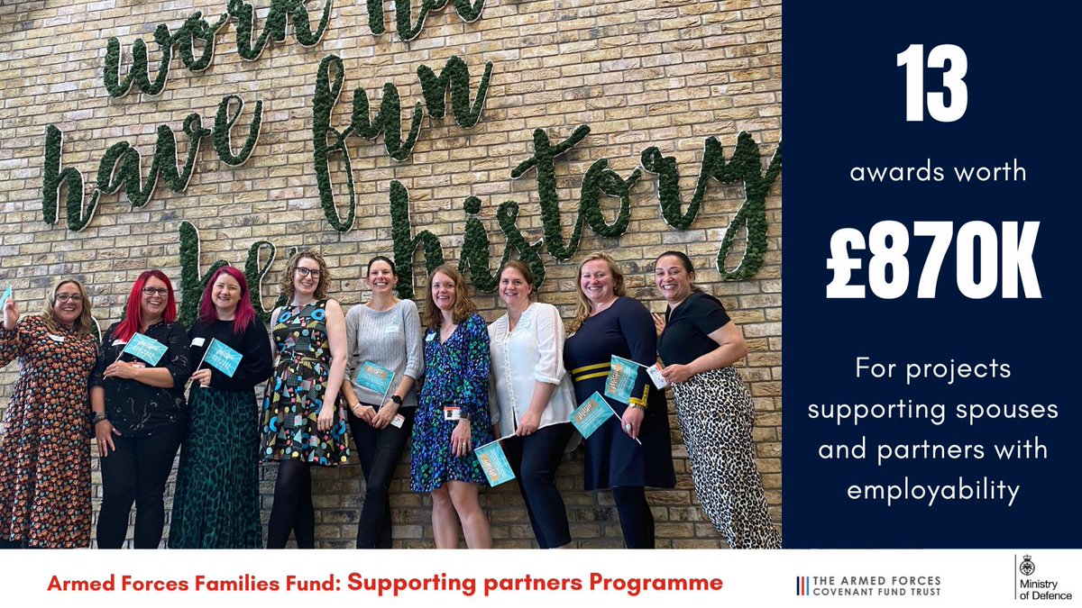 We've supported 13 amazing projects worth over £790k in the latest round of the Supporting partners programme. These projects are set to support Service partners and spouses to utilise skills and experiences they bring to the workplace. More details at:bit.ly/4aRHFxl