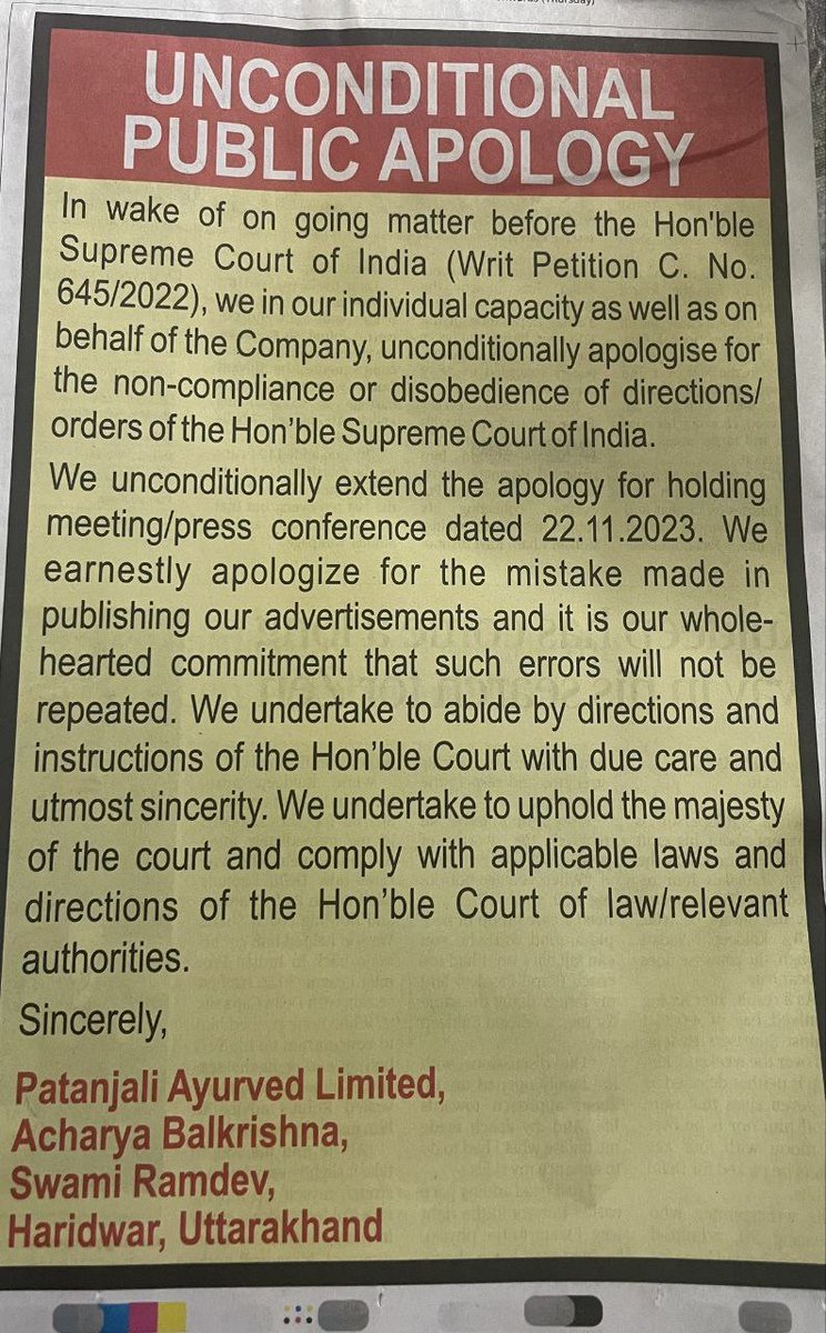 A fresh large sized unconditional apology issued by Patanjali after SC judges questioned on the size of last apology.