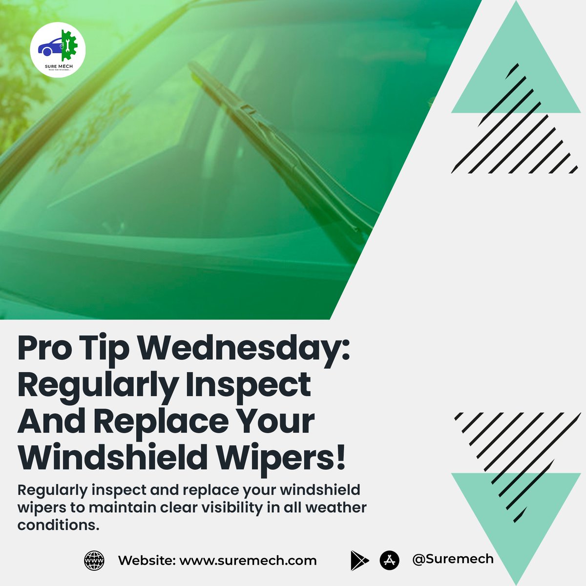 Wednesday Quick Tip: Regularly inspect and replace your windshield wipers to maintain clear visibility in all weather conditions. Don't let a streaky windshield rain on your parade! 🚗💡 #carcare #maintenancetips #suremech