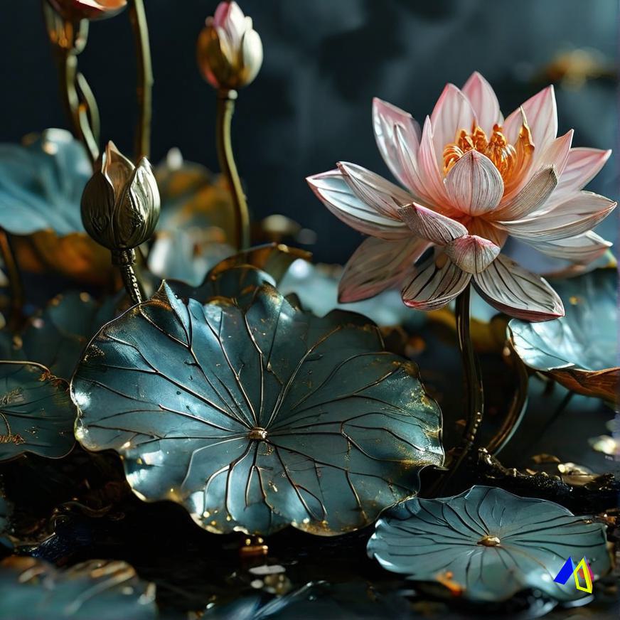 A close-up image of a lotus flower and its leaves, set against a dark background. 🪷

#metagai #aiimage #texttoimage #AIart  #allinone #Spring #blossom #Lotus