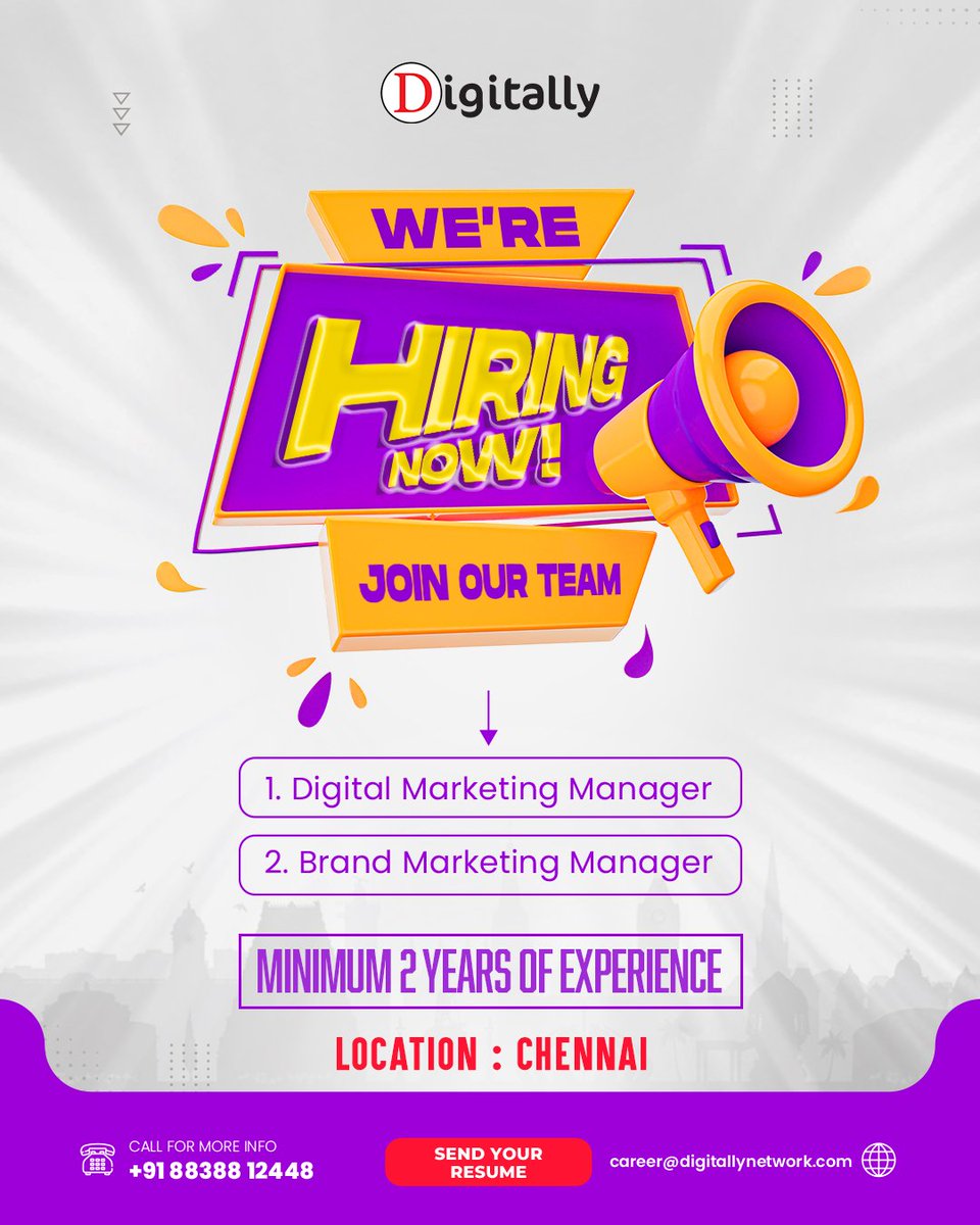 Job Alert! 👀 Explore and Re-invent your professional caliber as Digital Marketing Manager & Brand Marketing Managers at Digitally. 🖥️🎬 #Digitally #Hiring #Chennai #SocialMediaManager #DigitalMarketingManager #BrandMarketingManager #SocialMedia