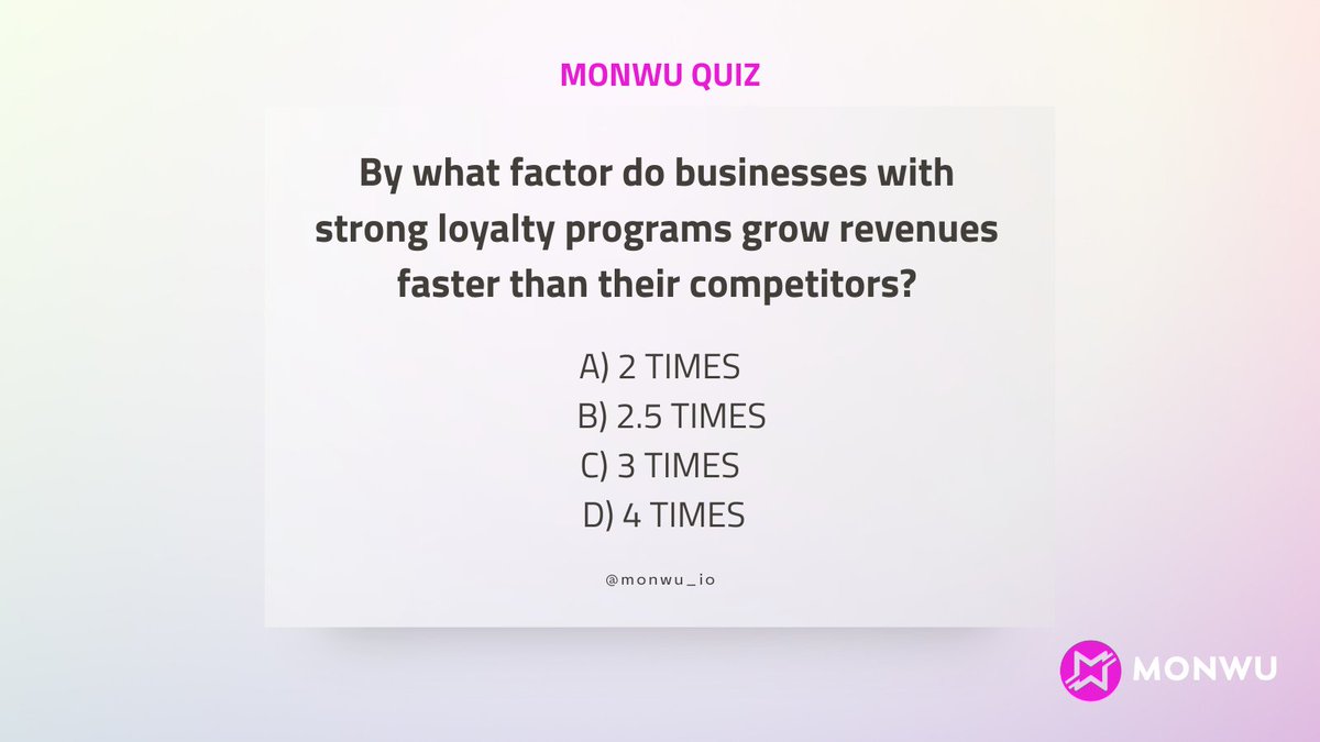 GM,

MONWU Quiz time ⏳

By what factor do businesses with strong loyalty programs grow revenues faster than their competitors?

A) 2 times
B) 2.5 times
C) 3 times
D) 4 times