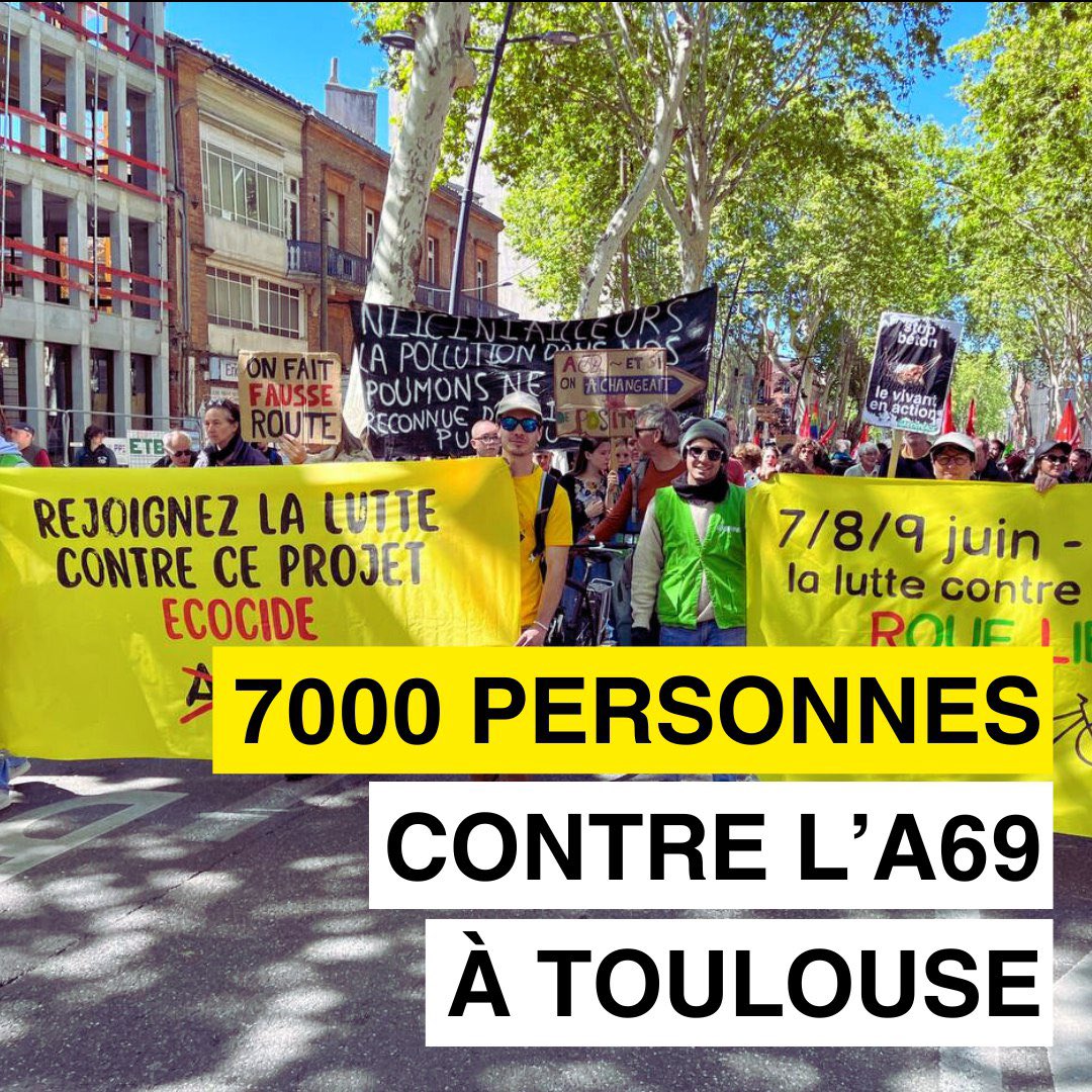 Toulouse s'oppose à l’A69 📢

Après une journée d’artivisme, Greenpeace a manifesté auprès d’autres 
collectifs et syndicats dans une ambiance joyeuse et festive, pour montrer que nous sommes tous.tes uni.es contre le projet autoroutier Castres - Toulouse imposé