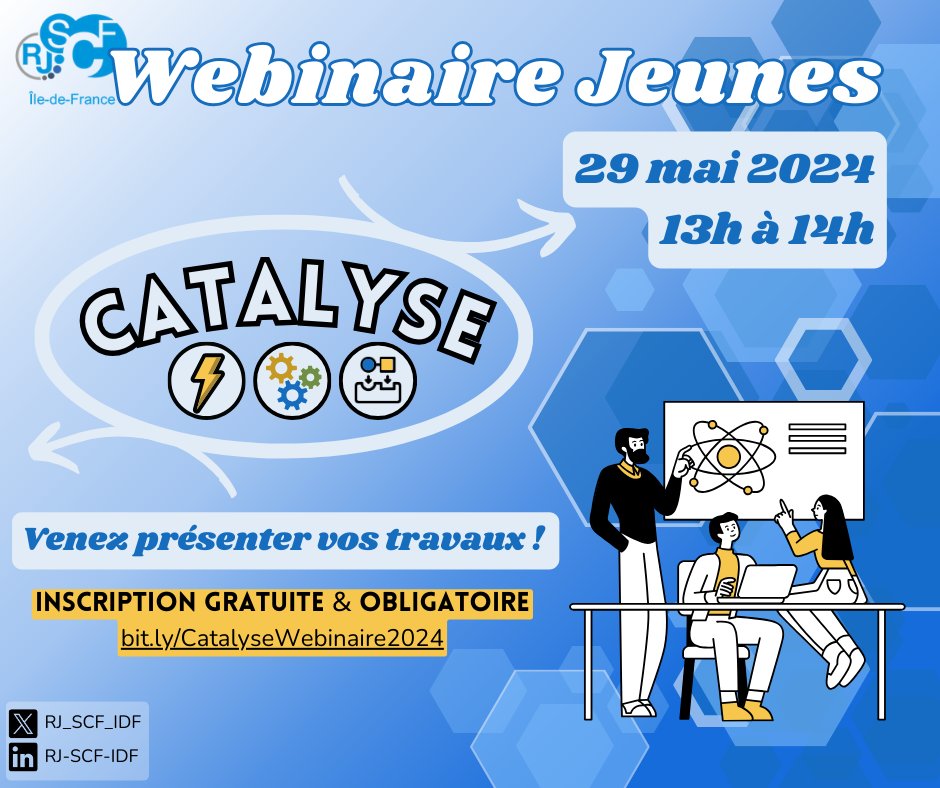 📣Stagiaire, doctorant, post-doc, venez nous présenter votre  recherche lors du prochain webinaire du mercredi 29 mai 2024 à 13h, sur  le thème de la catalyse ! 🧪
Nous vous y attendons nombreux ! Inscription gratuite mais obligatoire en suivant ce lien : bit.ly/CatalyseWebina…