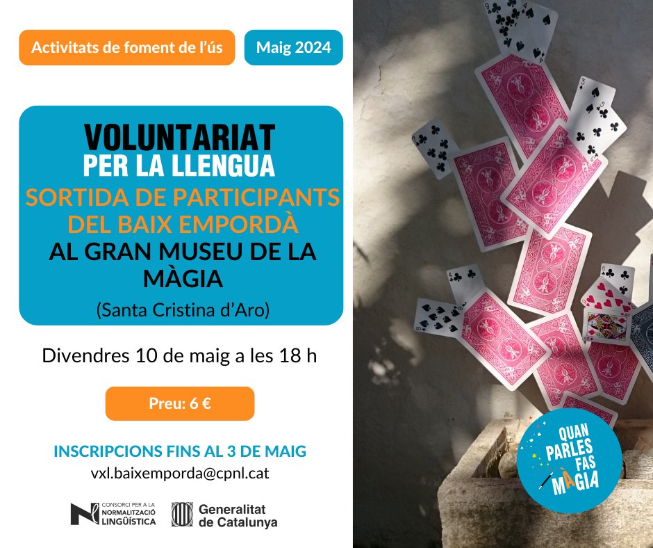 Participes en el @vxlcat en algun municipi del Baix Empordà? El 10 de maig farem una sortida amb voluntaris i aprenents de la comarca. Per a més informació o per apuntar-t'hi, adreça't al Servei Comarcal de Català del Baix Empordà: 📞 972 64 23 10 📧 vxl.baixemporda@cpnl.cat