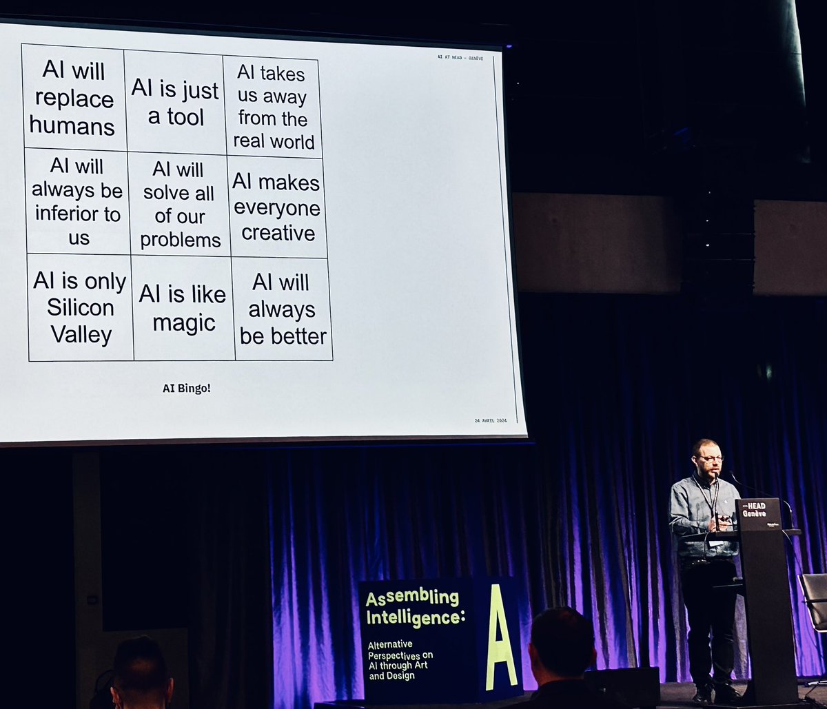 The Assembling Intelligence Symposium starts with @AnthonyMasure’s AI bullshit bingo. I suggest turning it into a drinking game: if someone utters any of this nonsense, they have to drink one bottle of Rivella ™. assembling-intelligence.ch