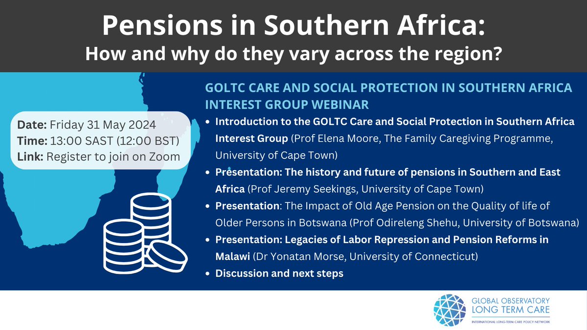 UPCOMING WEBINAR: Pensions in Southern Africa 💰 How + why do pensions vary across the region? On 31 May, we'll be hearing perspectives from experts on #SouthAfrica, #Botswana, #Malawi + the broader region. REGISTER TO JOIN:👉lse.zoom.us/meeting/regist… #Pensions #SocialProtection