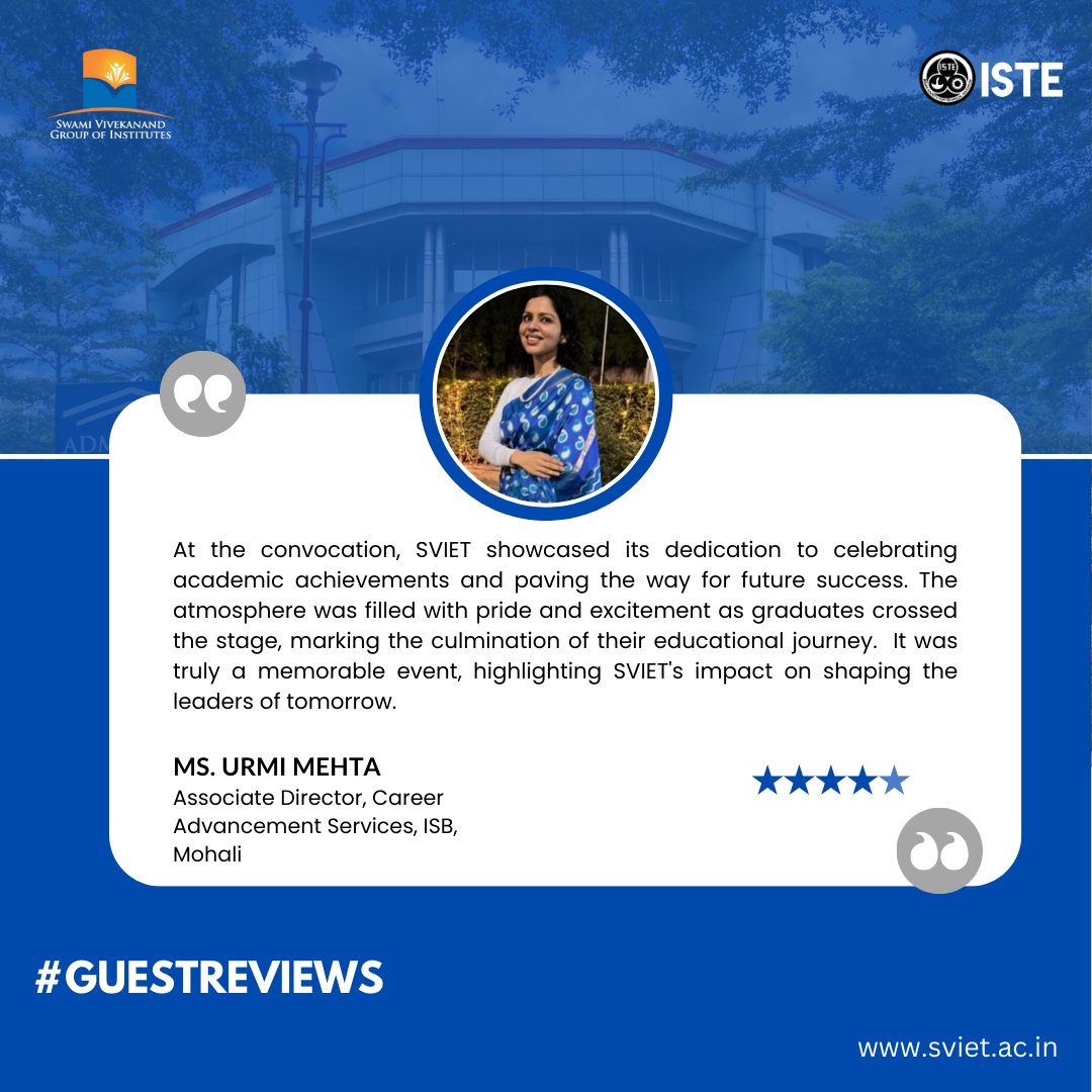 Every five-star review we receive holds a special place in our hearts, no matter how many we accumulate. Check out this glowing review from Ms. Urmi Mehta, Associate Director, Career Advancement Services, ISB, Mohali.

#GuestReviews #FiveStarExperience #SVGOI #SVIET #BeOurGuest