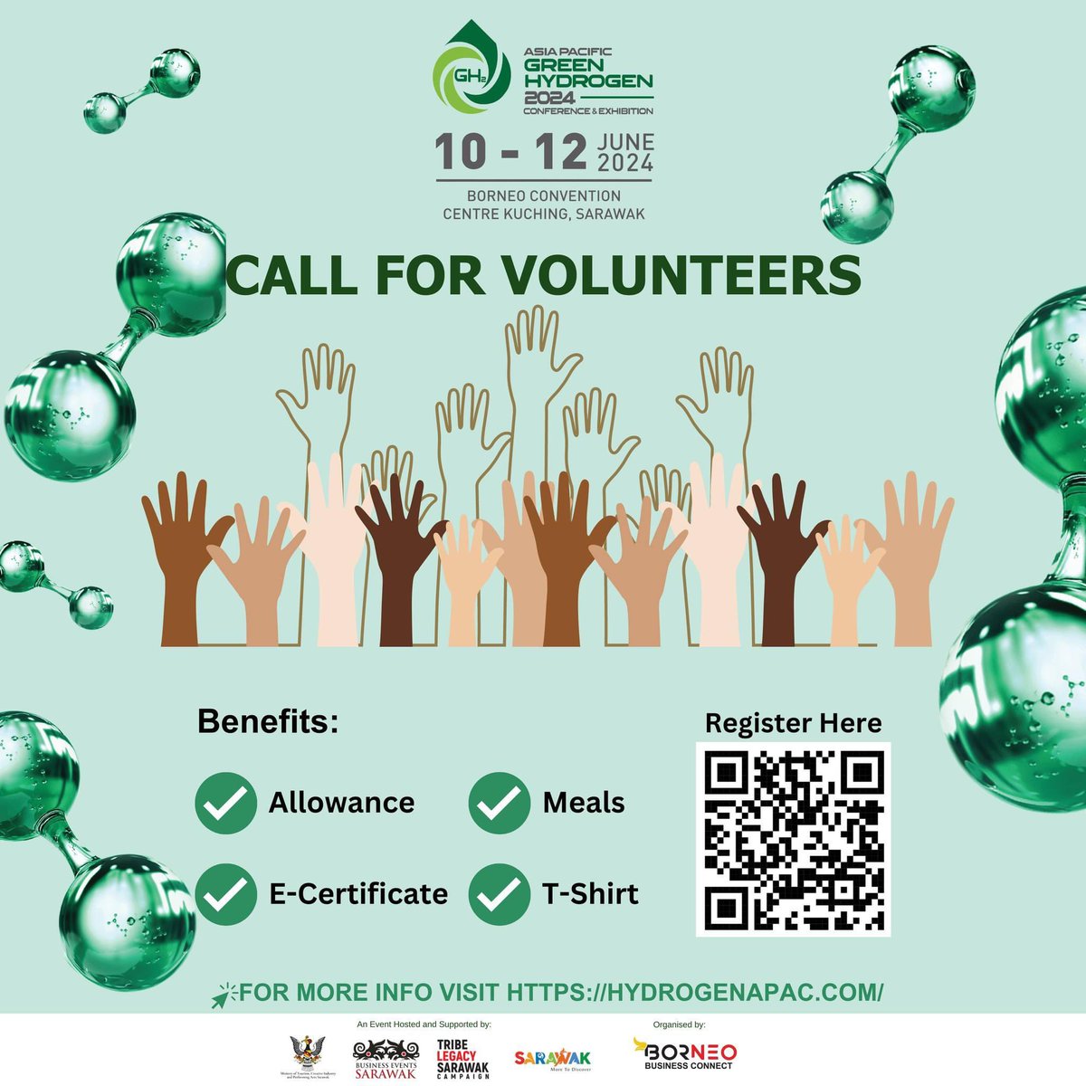 𝗖𝗔𝗟𝗟𝗜𝗡𝗚 𝗙𝗢𝗥 𝗩𝗢𝗟𝗨𝗡𝗧𝗘𝗘𝗥𝗦 📢📢 𝗔𝗦𝗜𝗔 𝗣𝗔𝗖𝗜𝗙𝗜𝗖 𝗚𝗥𝗘𝗘𝗡 𝗛𝗬𝗗𝗥𝗢𝗚𝗘𝗡 𝗖𝗢𝗡𝗙𝗘𝗥𝗘𝗡𝗖𝗘 𝟮𝟬𝟮𝟰. Place Borneo is looking for volunteers from June 10–12 for a major international conference. Sign up here: fctjph7k4i0.typeform.com/to/YImBso6p