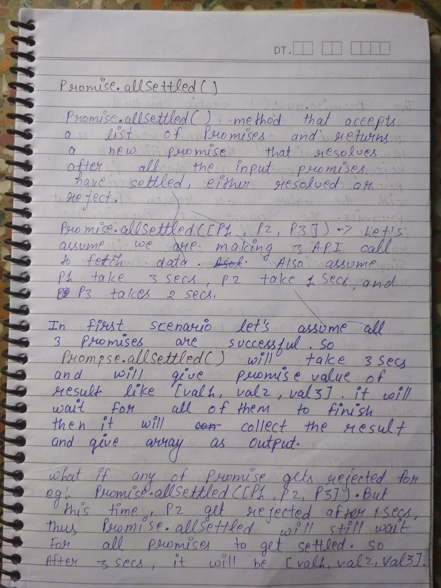 dev_Aditya07's tweet image. Day 26 of #30daysOfJavascript #namasteJavascript
2.Promise.allSettled(promises) (recently added method): waits for all promises to settle and returns their results as an array of objects with: status: "fulfilled" or "rejected" value (if fulfilled) or reason (if rejected).