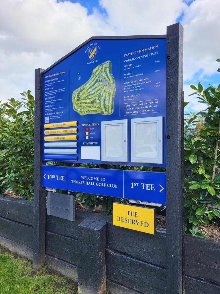 Lovely new tee markers at Thorpe Hall Golf Club, sun is shining, members look happy. Consistent branding being rolled out.