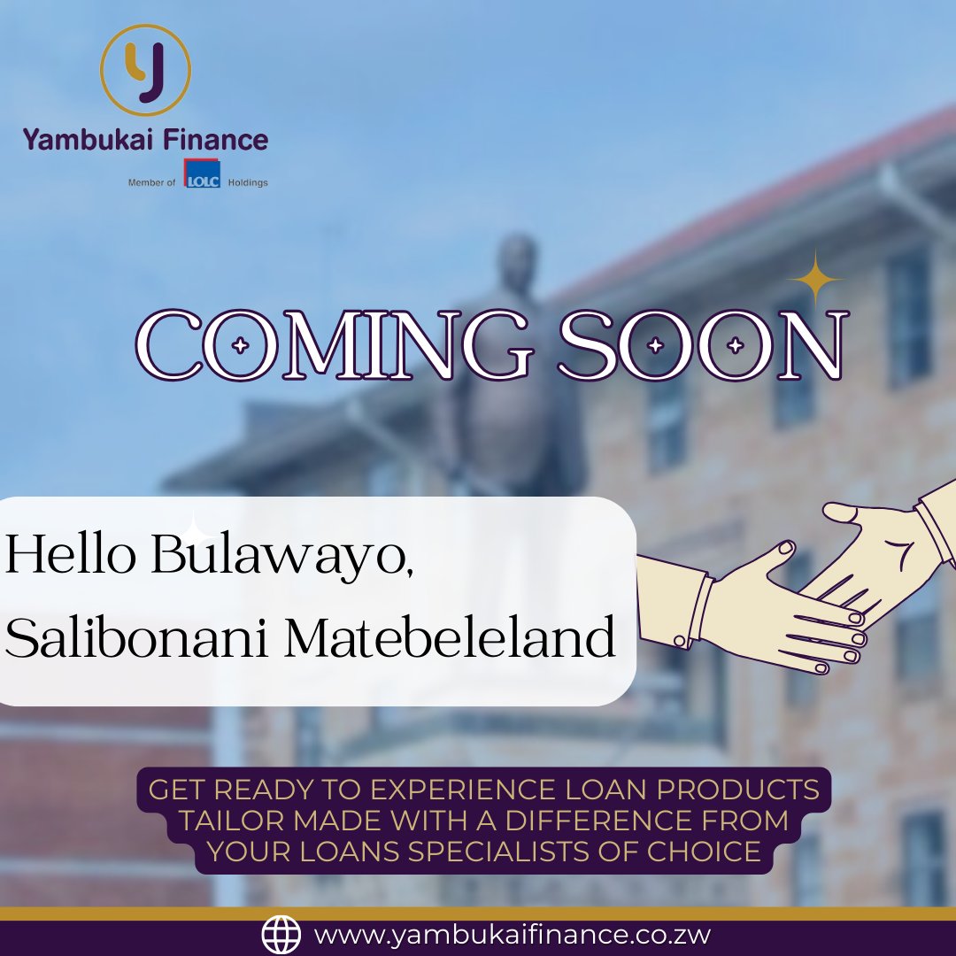 yambukaifinance's tweet photo. We are excited to announce the expansion of our presence with the latest opening of our Bulawayo Branch coming soon!
#yambukaifinance #Bulawayo #Matebeleland #LoanSpecialists #SalaryBasedLoans #SSBLoans #PrivateSectorLoans #PensionerLoans #BusinessLoans #InsurancePremiumFinancing https://t.co/aMoqYj84L7