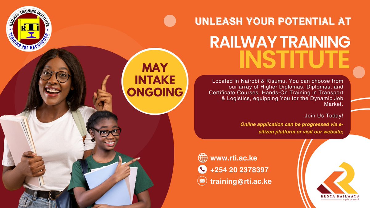 Seize the opportunity to effectively start your career journey! The Railway Training Institute which offers training opportunities for careers in the railway and marine sectors. Applications for the May, 2024 intake are ongoing. Visit rti.ac.ke to apply! #songanasi