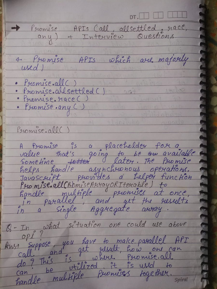 dev_Aditya07's tweet image. Day 25 of #30daysOfJavascript #namasteJavascript 
Topic : Promise APIs
1.Promise.all(promises) – waits for all promises to resolve and returns an array of their results. If any of the given promises rejects, it becomes the error of Promise.all, and all other results are ignored