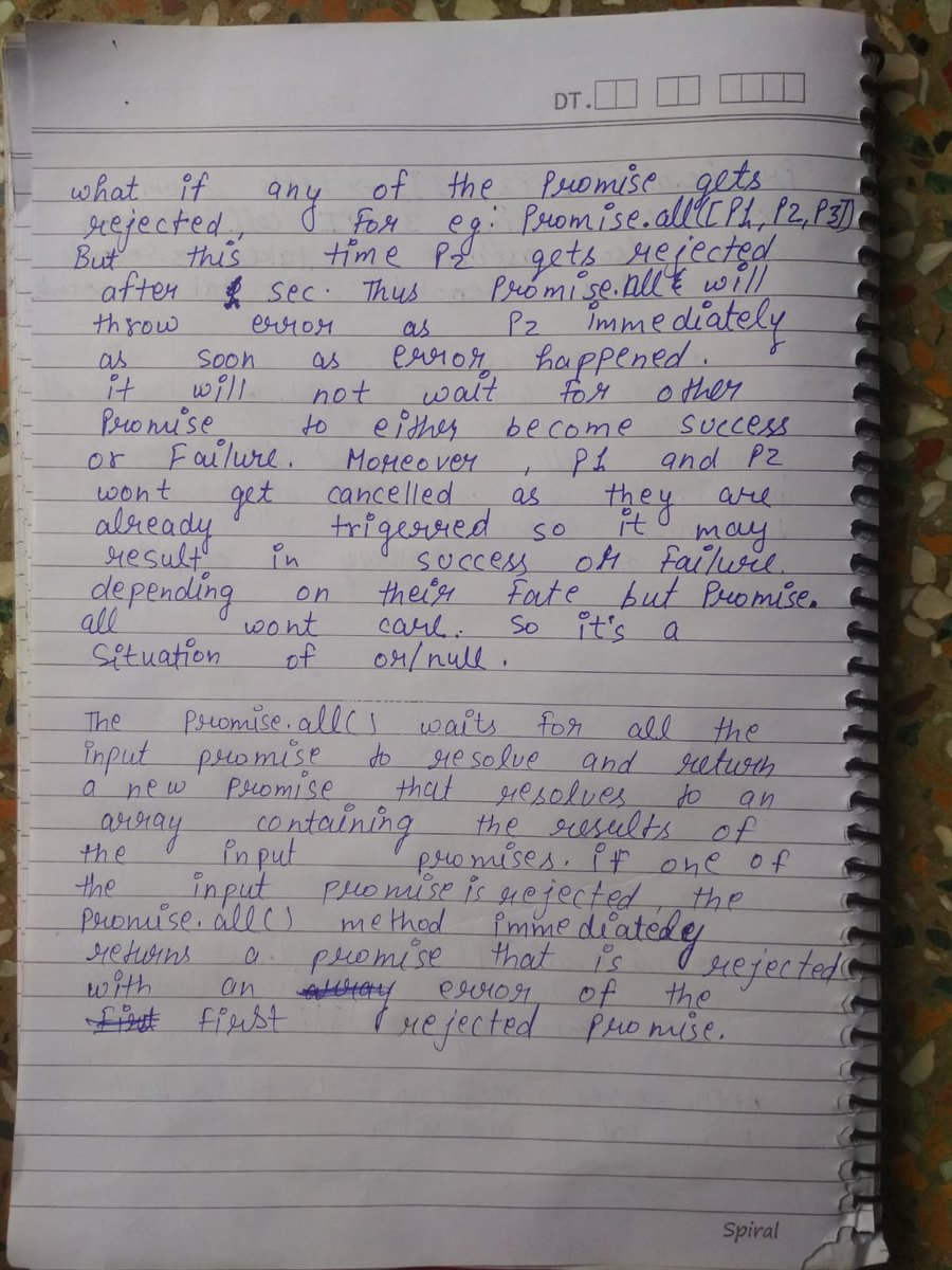 dev_Aditya07's tweet image. Day 25 of #30daysOfJavascript #namasteJavascript 
Topic : Promise APIs
1.Promise.all(promises) – waits for all promises to resolve and returns an array of their results. If any of the given promises rejects, it becomes the error of Promise.all, and all other results are ignored