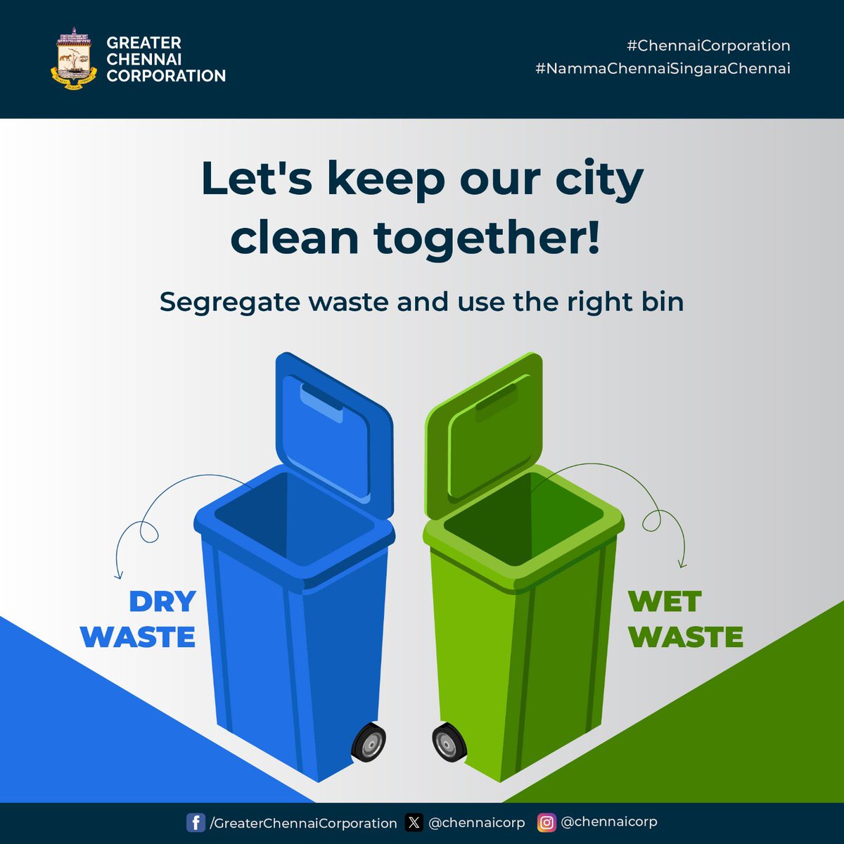 Hey #Chennai, Proper garbage disposal is key to a cleaner #Chennai! Let's keep our streets spotless by segregating waste. #ChennaiCorporation #ThooimaiChennai #HeretoServe