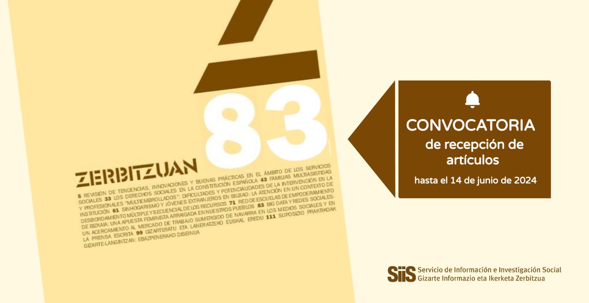 ¿Investigas sobre #PolíticasSociales o #ServiciosSociales? ¿Quieres dar a conocer una experiencia innovadora que está desarrollando tu entidad? 📢 Envía tu propuesta de artículo o experiencia a la revista 'Zerbitzuan' antes del 14 de junio: <bit.ly/1Np0Iio>.