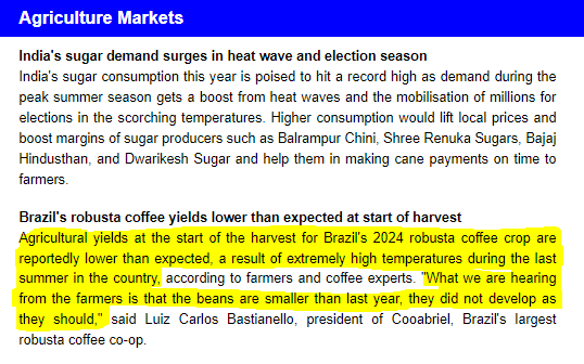 RodrigoADCosta's tweet photo. #cafe #coffee #icffut
A notícia corrobora com a continuidade do movimento de alta, principalmente quando o mercado aguardava por uma melhor entrega do Brasil em detrimento ao Vietnã.
É possível que o Arábica também apresente dificuldades. https://t.co/UbBv8kyG0V