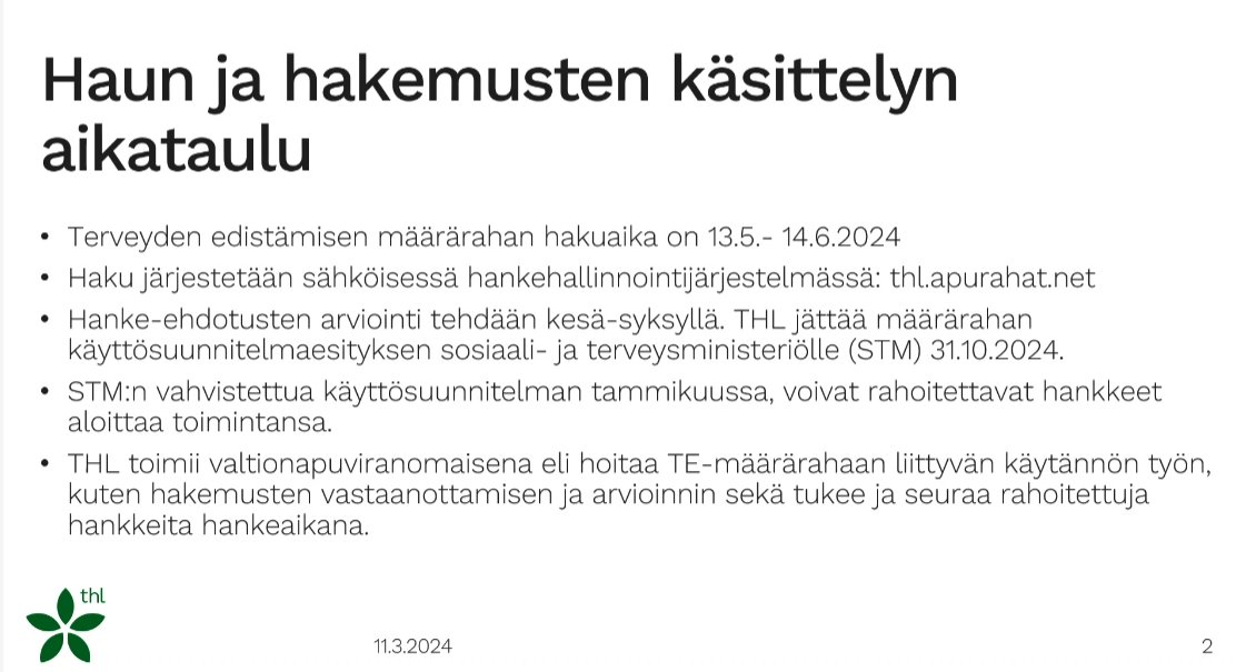 TapaniKa's tweet photo. Terveyden edistämisen määrärahan haku avautuu 13.5.
Nyt kannattaa käydä jo tutustumassa hakemiseen ja kirjautua järjestelmään, @AnniHelldan @THLorg.
@TanjaTasala #tervekunta
#temaararaha #hyte
https://t.co/VbMNPUBPhL https://t.co/jjmlK45z2U