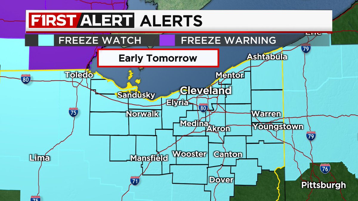 FIRST ALERT: A Freeze Watch remains in effect for the entire area early tomorrow morning. Look for this to get upgraded to a warning later today. Many temperatures in the 20s by sunrise tomorrow. Cleveland19.com/weather