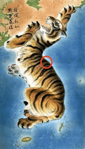 'The fox cut the tiger's waist' at 38.3417, 128.3289.

The ascending tiger is a metaphor for Korea. Spilt at the 38th parallel north--removing the spike is a metaphor for reunification. The ending does not follow through on the sensitive topic, but the message is bold.

#Exhuma