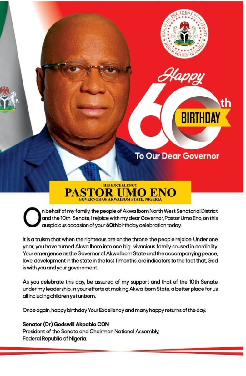 Akpabio Felicitates Akwa Ibom Gov, Eno At 60 Says, He Has United The State Across Party Lines In Eleven Months President of the Senate, Godswill Akpabio, has congratulated the Governor of Akwa Ibom State, Pastor Umo Eno, on his 60th birthday.