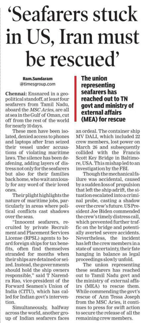 Thanks @timesofindia for being voice of Indian #Seafarers undergoing tough time at #Baltimore #Iran 
Safe Rescue of them are first. @shipmin_india @DrSJaishankar