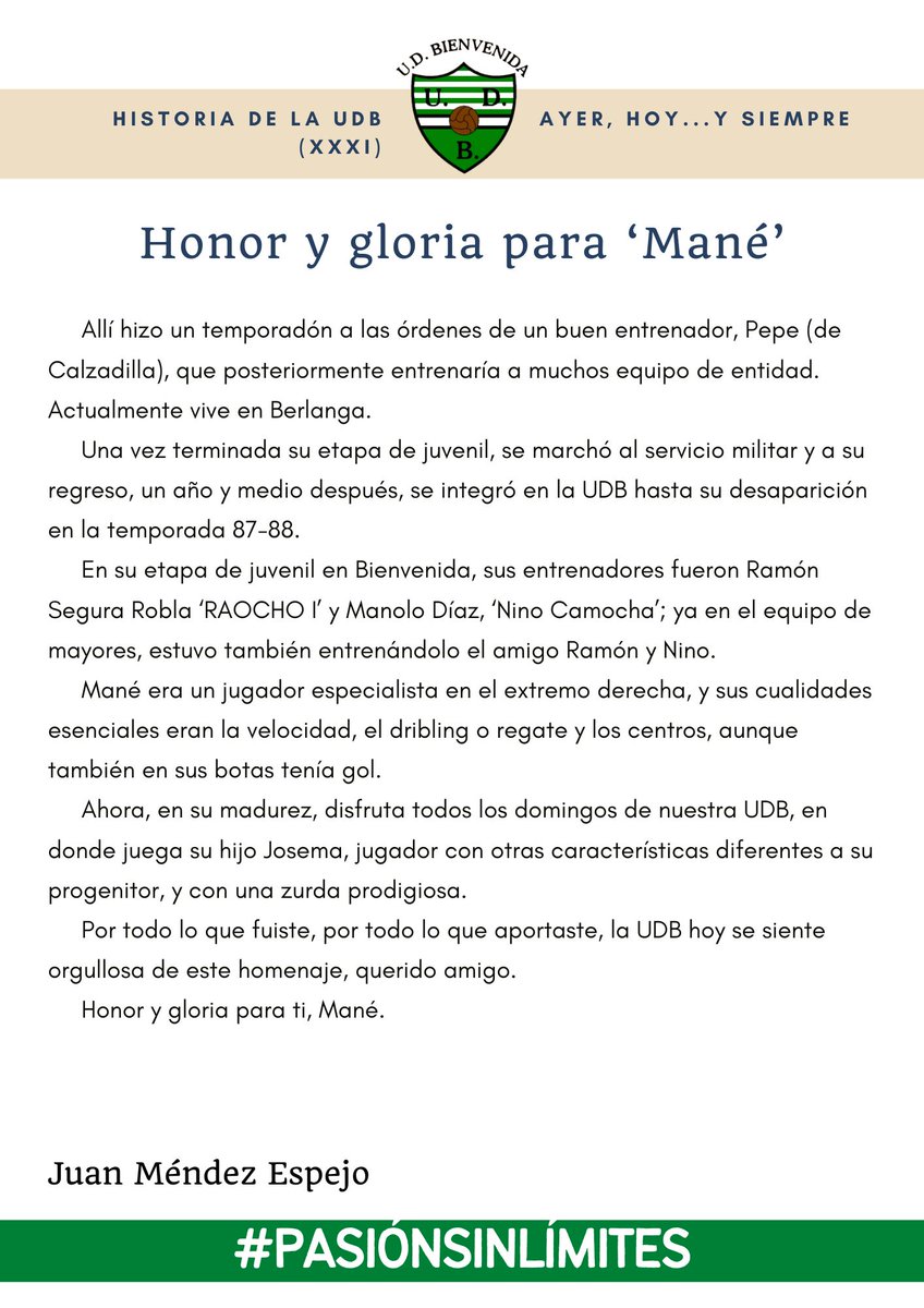 CRÓNICAS VERDIBLANCAS  

📝Semana en casa, semana de memoria colectiva como club. Esta semana, nuestro cronista <a href="/abuelomendez/">Abueloméndez</a> recuerda la trayectoria de 'Mané', talentoso canterano padre de otro talentoso canterano.

🙌El domingo, a las 12:30, homenaje. 

#PasiónSinLímites💚🤍