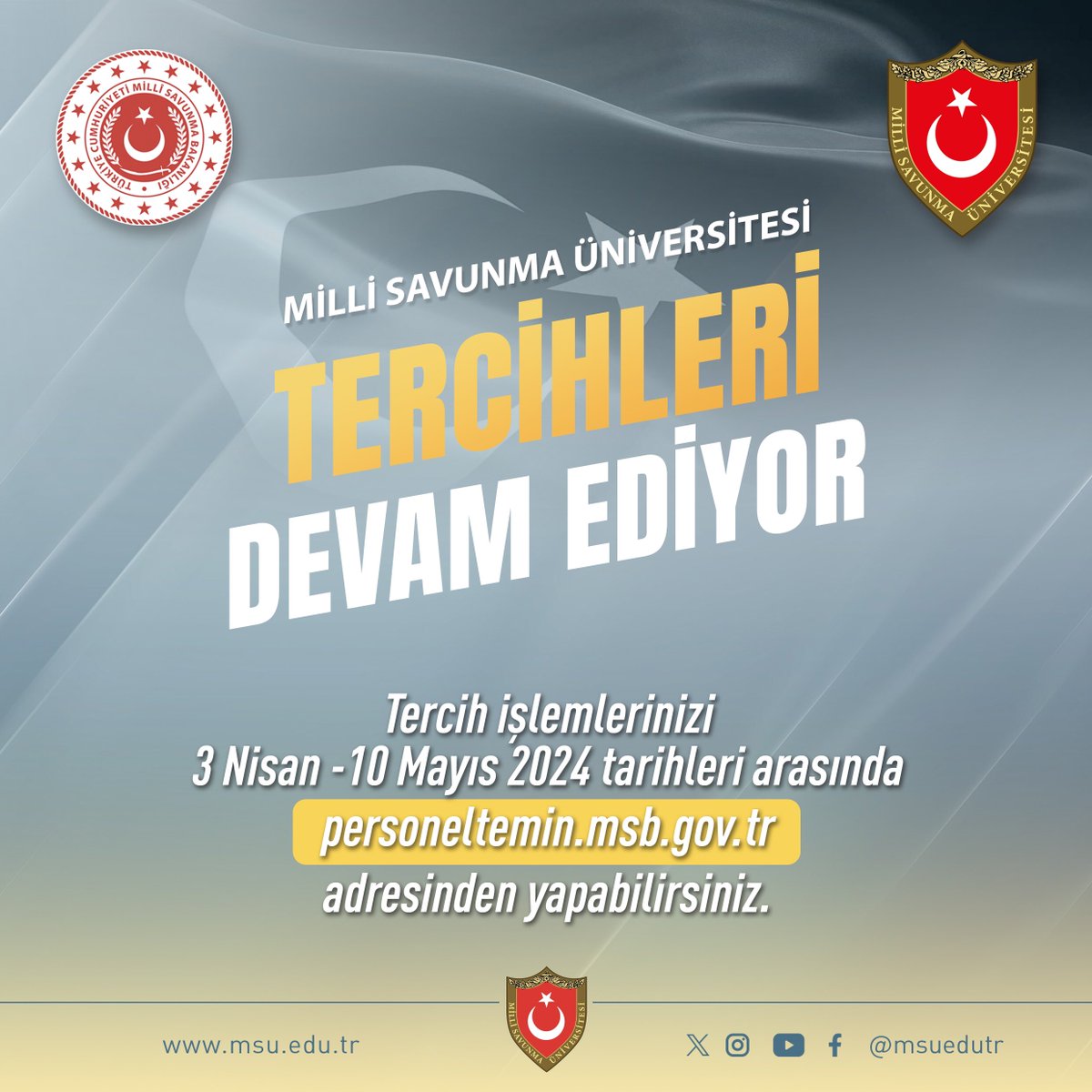 Geleceğin komutanı olmak isteyen sevgili gençler, Milli Savunma Üniversitesi tercih işlemleri devam ediyor. Tercihlerinizi 10 Mayıs 2024 saat 23.59’a kadar yapabilirsiniz. ➡️ personeltemin.msb.gov.tr/AnaSayfa/Duyur…