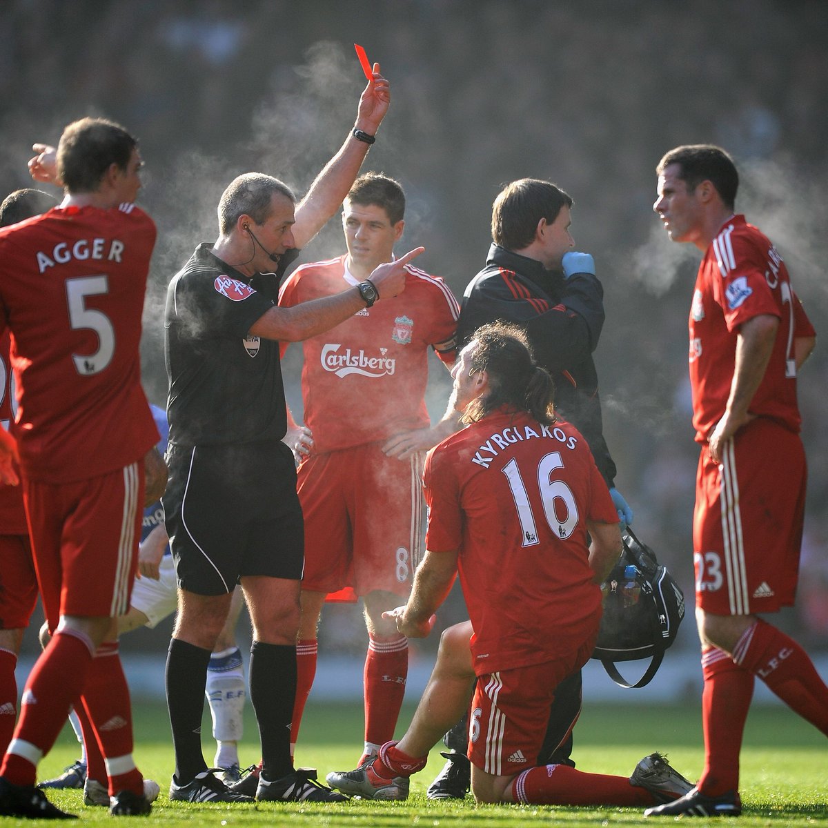 It's been 14 years since #LFC had a man sent off against #EFC, when Kyrgiakos was shown red. Everton have received 5⃣ red cards since then (Pienaar 2010, Rodwell 2011, Funes Mori 2016, Richarlison 2020, Young 2023) The Merseyside derby has seen the most red cards in PL history