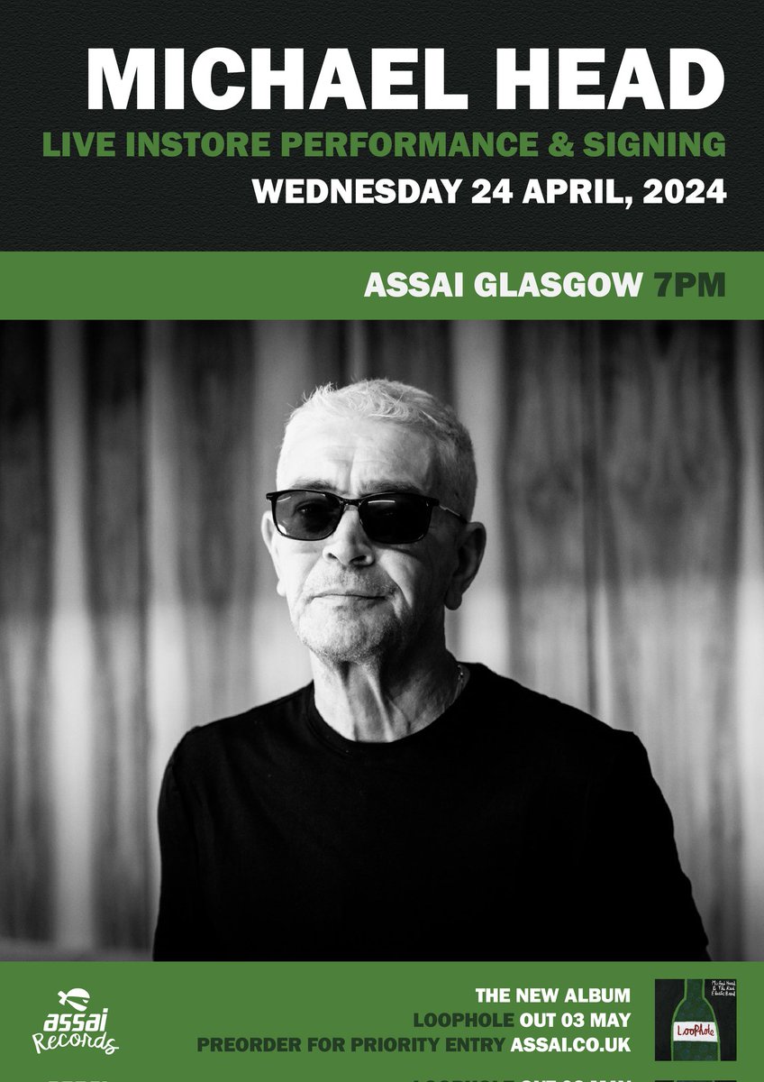 REMINDER!💥

This evening we'll be hosting the legendary @michaelheadtreb for an intimate acoustic performance in-store + a signing afterwards! 

⏰ 7pm. 233 Sauchiehall Street.
🎫 Remaining priority entry ticks: assai.co.uk/products/micha… #glasgow #michaelhead #assairecords