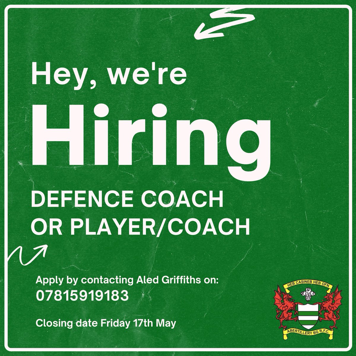 🔊 DEFENCE COACH VACANCY 🔊

We're on the lookout for a new defence coach! This can also be a player/coach role.

Please apply by contacting Aled Griffiths - 07815919183

Closing date 17th May.