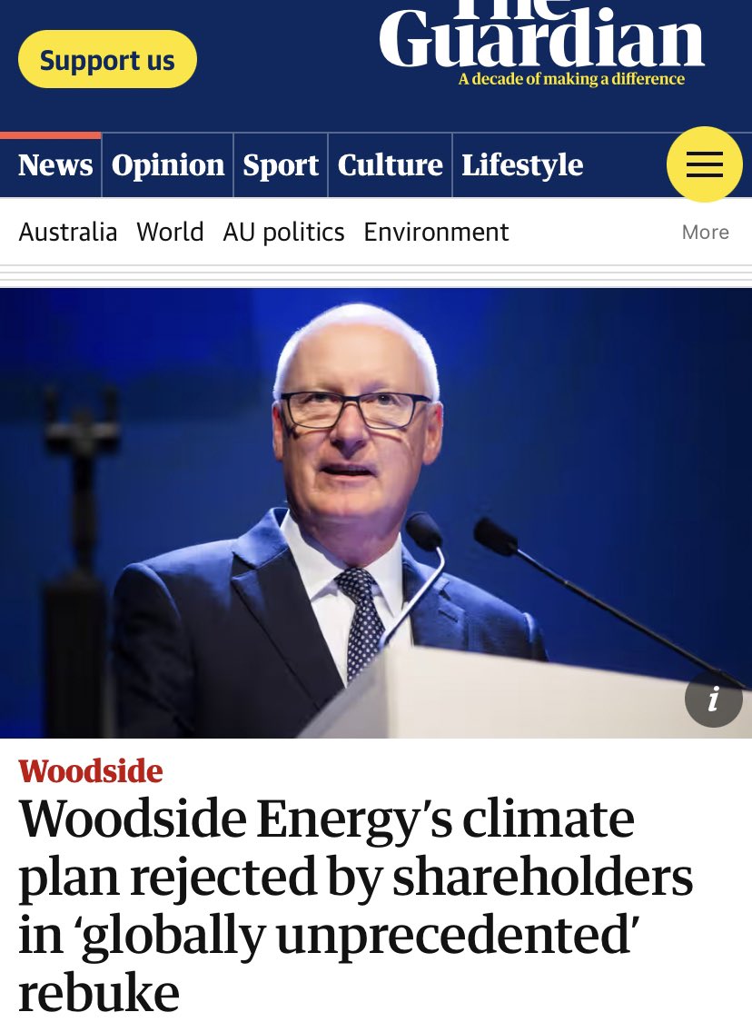 At its AGM today, investors lodged a 58% vote against @WoodsideEnergy’s climate plan. “This is the strongest protest recorded against any of the dozens of listed companies around the world that regularly put climate-related resolutions to shareholders.” theguardian.com/australia-news…